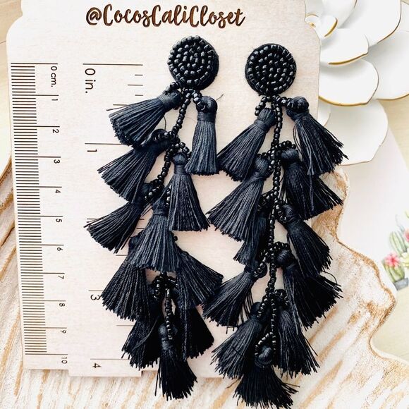 Boho Tiered Black Tassel Beaded Drop Earrings NWT - Picture 4 of 5